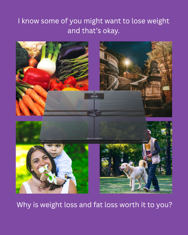 A photo collage with five photos on a violet background. At the top heading, text reads, "I know some of you might want to lose weight, and that's okay." There are photos of vegetables, stairs, a woman and child, a man walking a dog, and a weight loss scale.